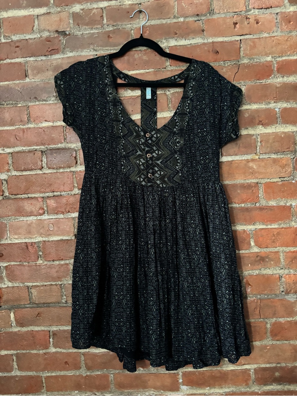 Free People Black and Green/Gary Patterned Boho Short Sleeve Babydoll Dress